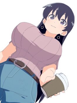 1girl alternate_costume arato_nagi belt black_eyes black_hair bluearcadegames breasts brown_belt coffee earrings feet_out_of_frame highres holding jewelry large_breasts long_hair long_sleeves looking_at_viewer pants pink_shirt ruri_no_houseki shirt simple_background solo standing white_background