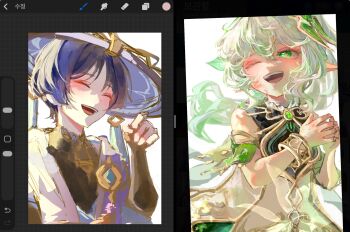 1boy 1girl armlet art_program_in_frame black_bodysuit black_bridal_gauntlets blue_gemstone blue_hat blue_kimono blue_sleeves blunt_ends blush bodysuit bridal_gauntlets bright_pupils cape chest_jewel clenched_hand collar curly_hair curly_sidelocks detached_sleeves dress eyeliner eyeshadow facing_another fingernails frilled_collar frills gem genshin_impact gold gold_trim green_cape green_eyes green_gemstone green_hair green_sleeves hair_ornament hand_up hands_up happy hat heart heart-shaped_pupils heart_hair_ornament highres innagaja japanese_clothes jewelry jingasa juban kimono korean_text layered_sleeves leaf leaf_hair_ornament long_hair looking_at_another makeup mandarin_collar multicolored_hair nahida_(genshin_impact) one_eye_closed open_clothes open_kimono open_mouth own_hands_together pointy_ears purple_cape purple_hair red_eyeliner red_eyeshadow scaramouche_(genshin_impact) short_sleeves side_ponytail sidelocks sketch smile steepled_fingers streaked_hair symbol-shaped_pupils teeth tongue tsurime upper_teeth_only wanderer_(genshin_impact) white_background white_collar white_dress white_hair white_kimono white_pupils white_sleeves wispy_bangs