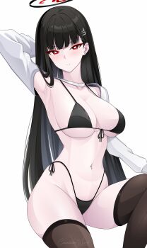1girl absurdres alternate_costume arm_behind_head bikini black_bikini black_hair black_halo black_thighhighs blue_archive blush breasts bright_pupils commentary commission earrings front-tie_top hair_behind_ear hair_ornament hairclip halo highleg highleg_bikini highres invisible_chair jewelry large_breasts long_hair long_sleeves looking_at_viewer navel navel_piercing parted_lips piercing red_eyes ringed_eyes rio_(blue_archive) rlayuta shrug_(clothing) side-tie_bikini_bottom simple_background sitting solo string_bikini stud_earrings swimsuit symbol-only_commentary thighhighs twitter_username very_long_hair white_background white_pupils