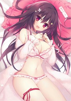 1girl blush bra breasts brown_hair cleavage controller frilled_bra frills hair_ornament hairpin highres lace lace_bra large_breasts long_hair looking_at_viewer matsumiya_kiseri navel open_mouth original panties pink_bra pink_panties pointy_breasts red_eyes remote remote_control ribbon smile solo underwear very_long_hair