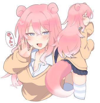 1girl :d black_skirt blush borrowed_design breasts brown_sweater cleavage closed_eyes collared_shirt commentary_request cropped_legs cropped_torso crossed_bangs fang fang_out from_behind gen_1_pokemon grey_eyes gyaru gyaru_slowpoke_(shin_no_tenpii) hair_between_eyes hair_intakes half-closed_eyes heart highres large_breasts long_hair long_sleeves looking_at_viewer miniskirt multiple_views neko_oudon nintendo open_collar open_mouth panties pantyshot personification pink_hair pleated_skirt pokemon pokemon_tail profile shirt skin_fang skirt sleepy sleeves_past_fingers sleeves_past_wrists slowpoke smile speech_bubble spoken_heart squeans sweater tail tail_under_clothes underwear very_long_hair whispering white_nails white_panties white_shirt