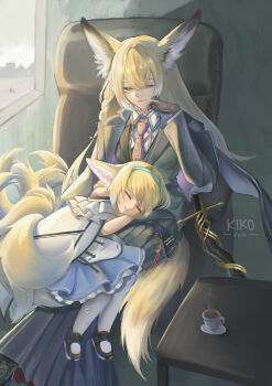 2girls absurdres animal_ears arknights bare_shoulders black_coat black_jacket black_shoes black_skirt blonde_hair blue_dress blue_hairband brown_gloves closed_eyes closed_mouth coat collared_shirt commentary cup dress english_commentary fox_ears fox_girl fox_tail frilled_dress frills gloves hairband highres jacket kiko_png kitsune kyuubi long_skirt mother_and_daughter multiple_girls multiple_tails necktie pantyhose pleated_skirt red_necktie shirt shoes sitting skirt sleeping suzuran_(arknights) tail teacup torn_clothes torn_pantyhose vulpisfoglia_(arknights) white_pantyhose white_shirt yellow_eyes