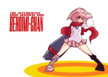 1girl behoimi boots english_text female_focus hair_over_one_eye hat hys-d knee_boots mechanical_arms pani_poni_dash! pink_boots pink_hair red_eyes scarf short_hair single_mechanical_arm skirt solo