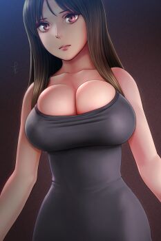 1girl annoyed black_dress breasts brown_hair bursting_breasts cleavage clip_studio_paint_(medium) commentary_request dress from_below highres horiishi_horuto huge_breasts long_hair looking_at_viewer looking_down original purple_eyes revision selfie skindentation solo undersized_clothes