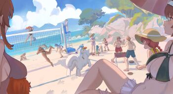 6+girls aisha_greyrat ars_greyrat ball beach beachball bikini breasts character_request christina_greyrat commentary cooking daimaoucc day dog english_commentary eris_greyrat everyone ghislaine_dedoldia grill grilling highres horizon jumping lara_greyrat large_breasts leo_(mushoku_tensei) lillia_greyrat lily_greyrat lucy_greyrat lying male_swimwear mountainous_horizon multiple_girls mushoku_tensei norn_greyrat ocean on_back outdoors paul_greyrat rock roxy_migurdia rudeus_greyrat ruijerd_superdia sand_sculpture shore sieghart_saladin_greyrat sky squatting standing swimsuit sylphiette_(mushoku_tensei) volleyball zenith_greyrat