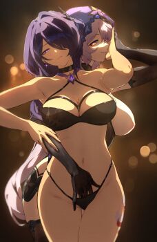 2girls acheron_(honkai:_star_rail) black_bra black_choker black_gloves black_panties black_swan_(honkai:_star_rail) blurry blurry_background bra breasts choker commentary earrings elbow_gloves english_commentary gloves hand_under_clothes highres honkai:_star_rail honkai_(series) inverted_nipples jewelry large_breasts leg_tattoo long_hair multicolored_eyes multiple_girls nashidrop nipples paid_reward_available panties purple_eyes purple_hair smile tattoo thighs two-tone_eyes underwear very_long_hair yuri