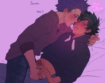 2boys blush boku_no_hero_academia erection eye_contact fingernails forehead freckles green_hair handjob highres hood looking_at_another male_focus midoriya_izuku mind_control moaning multiple_boys penis precum purple_hair shinso_hitoshi short_hair spacenipnops yaoi