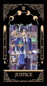 1boy absurdres balance_scale black_background black_pants blue_eyes blue_hair blue_jacket blue_necktie book bookshelf card_(medium) character_doll clarence_clayden closed_mouth collared_shirt cowboy_shot curtained_hair doll english_text glasses grey_vest hand_up heroine_(lovebrush_chronicles) highres holding holding_book holding_paper holding_scale jacket justice_(tarot) long_sleeves looking_to_the_side lovebrush_chronicles male_focus mole mole_under_eye moon_phases necktie open_clothes open_jacket outline pants paper parted_bangs plant roman_numeral shirt short_hair simple_background smile solo standing stuffed_dinosaur tarot tarot_(medium) vase vest weighing_scale white_outline white_shirt ya_ji_zhou