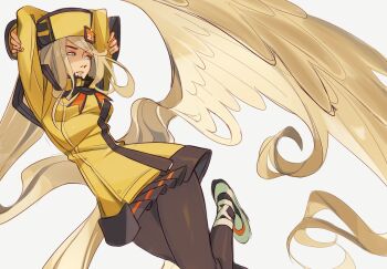 1girl arms_behind_head black_pantyhose blonde_hair blue_eyes blush borcheim breasts commentary english_commentary guilty_gear guilty_gear_xrd hat highres license_plate long_hair medium_breasts millia_rage pantyhose simple_background solo very_long_hair
