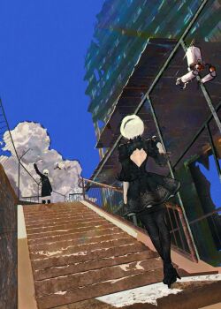 1boy 1girl 2b_(nier:automata) 9s_(nier:automata) absurdres arm_up back_cutout black_boots black_dress black_gloves black_hairband blindfold blue_sky boots clothing_cutout cloud crossed_legs day dress facing_away from_behind gloves hairband highres jetstream012 nier:automata nier_(series) outdoors pod_(nier:automata) robot short_hair short_sleeves sky stairs standing thigh_boots waving white_hair