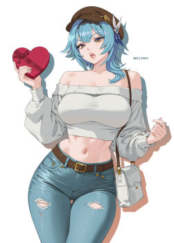 Rule 34 | 1girl, absurdres, bare shoulders, belt, black hairband, blue hair, blue pants, blush, box, breasts, brown hat, cleavage, commentary, cropped sweater, denim, english commentary, eula (genshin impact), genshin impact, gift, gift box, hair ornament, hairband, hat, heart-shaped box, highres, jeans, large breasts, long sleeves, looking at viewer, medium hair, melowh, midriff, navel, newsboy cap, off shoulder, open mouth, pants, purple eyes, sidelocks, solo, sweater, thighs, white sweater