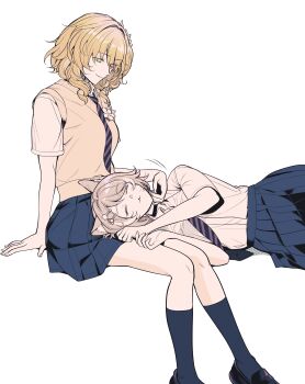 2girls absurdres aglaea_(honkai:_star_rail) animal_ears black_shoes black_socks blonde_hair blue_skirt cat_ears cat_girl cipher_(honkai:_star_rail) closed_eyes closed_mouth feral_instincts grey_hair hair_ornament highres honkai:_star_rail honkai_(series) invisible_chair kneehighs loafers looking_at_another lying_on_lap multiple_girls necktie official_alternate_costume school_uniform shirt shoes short_hair short_sleeves simple_background sitting skirt smile socks white_background white_shirt yktabe