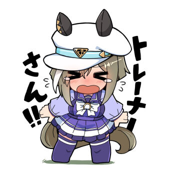 >_< 1girl animal_ears blush bow brown_hair cheval_grand_(umamusume) chibi closed_eyes ears_through_headwear facing_viewer flying_sweatdrops frilled_skirt frills full_body hat highres horse_ears horse_girl horse_tail kawamochi_(kawauti919) long_sleeves multicolored_hair nose_blush open_mouth peaked_cap pleated_skirt puffy_long_sleeves puffy_sleeves purple_shirt purple_skirt purple_thighhighs shadow shirt simple_background skirt solo standing streaked_hair tail tears text_background thighhighs translation_request umamusume wavy_mouth white_background white_bow white_hair white_hat