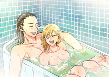 1boy 1girl bath bathtub black_hair blonde_hair breasts cleavage closed_eyes highres husband_and_wife nara_shikamaru naruto_(series) shared_bathing sharing tagme temari_(naruto)
