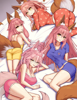 4girls animal_ear_fluff animal_ears animal_hands ass bare_shoulders blue_shirt blue_shorts blush breasts camisole cleavage dress fate/grand_order fate/samurai_remnant fate_(series) fox_ears fox_girl fox_tail glasses gloves hair_between_eyes highres kapi-san koyanskaya_(fate) large_breasts long_hair long_sleeves looking_at_viewer multiple_girls orange_pants orange_shirt pajamas pants paw_gloves pink_camisole pink_hair pink_shorts shirt short_dress short_sleeves shorts sidelocks small_breasts smile tail tamamo_aria_(fate) tamamo_cat_(fate) tamamo_no_mae_(fate) thighs yellow_dress yellow_eyes