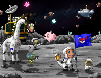 Rule 34 | aqua eyes, artist name, black eyes, blush, blush stickers, bright pupils, charmander, clefairy, closed eyes, clothed pokemon, commentary, computer, dewpider, elgyem, english commentary, fang, fangs, farigiraf, fire, flag, flame-tipped tail, floating, gen 1 pokemon, gen 4 pokemon, gen 5 pokemon, gen 6 pokemon, gen 7 pokemon, helioptile, helmet, highres, holding, holding flag, holding laptop, laptop, lunar lander, magnet, magnezone, meltan, midair, minior, minior (blue core), minior (core), minior (meteor), minior (red core), mythical pokemon, nintendo, no humans, nostrils, on moon, one-eyed, open mouth, poke ball symbol, pokemon, pokemon (creature), pokemon focus, radar dish, rock, shadow, smile, space, space helmet, spacecraft, spacesuit, star (sky), tail, thecalendork, watermark, white pupils