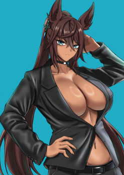 1girl adjusting_hair animal_ears belt black_belt black_choker black_jacket black_pants blue_background blue_eyes breasts brown_hair choker commentary_request cowboy_shot dark-skinned_female dark_skin ear_ornament earrings eyes_visible_through_hair hair_between_eyes hakase_yurisuki hand_on_own_hip highres horse_ears horse_girl jacket jewelry large_breasts long_hair long_sleeves looking_at_viewer pants partially_unbuttoned simple_background single_earring solo split_ponytail symboli_kris_s_(umamusume) umamusume very_long_hair