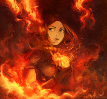 1girl absurdres blue_eyes breasts brown_shirt david_revoy fingerless_gloves fire fireball gloves highres large_breasts lips looking_to_the_side pepper&amp;carrot pyrokinesis saffron_(pepper&amp;carrot) shirt solo