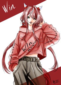 Rule 34 | 1girl, animal ears, arm behind head, belt, black belt, black pants, breasts, closed mouth, commentary request, ear covers, green eyes, hair between eyes, hand in pocket, highres, hood, hoodie, horse ears, horse girl, horse tail, long hair, looking at viewer, low twintails, pants, red hair, red hoodie, siro1822403, small breasts, solo, tail, twintails, umamusume, win variation (umamusume)