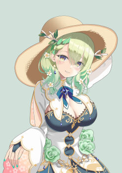 Rule 34 | 1girl, antlers, blue dress, braid, braided bangs, breasts, brown hat, ceres fauna, cleavage, cleavage cutout, clothing cutout, cowboy shot, dress, flower, glawsbsxpytn7j9, green background, green flower, green hair, hair between eyes, hair flower, hair ornament, hashtag-only commentary, hat, highres, hololive, hololive english, horns, large breasts, long hair, long sleeves, looking at viewer, mole, mole under eye, parted lips, simple background, smile, solo, sun hat, two-tone dress, virtual youtuber, white dress, yellow eyes