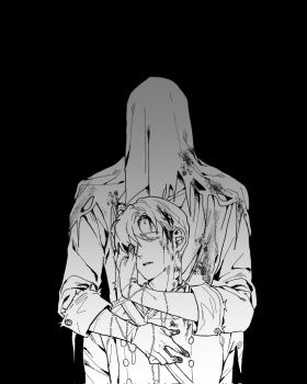 Rule 34 | 2boys, black background, charon (reverse:1999), closed eyes, coat, commentary request, covered face, dirty, dirty clothes, dirty face, dog tags, eberhard braun, full body, gloves, greyscale, highres, holding dog tags, hug, hug from behind, korean commentary, male focus, military uniform, monochrome, mulkkachi, multiple boys, reverse:1999, short hair, upper body, veil