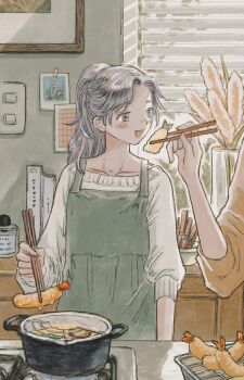 1girl apron black_eyes black_hair blush chopsticks collarbone commentary commission cooking cooking_oil cooking_pot curtained_hair dappled_sunlight deep_fryer deep_frying eokaku_surimi food green_apron highres holding holding_chopsticks indoors kitchen long_sleeves looking_at_another orange_shirt original out_of_frame picture_frame ponytail shirt shrimp shrimp_tempura skeb_commission smile solo_focus standing stove straight-on sunlight sweater tempura white_sweater window_blinds
