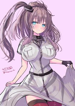 1girl absurdres blue_eyes blush breast_pocket breasts brown_hair cowboy_shot dress hair_between_eyes hair_ornament high_side_ponytail highres hizaka kantai_collection large_breasts long_hair looking_at_viewer neckerchief one-hour_drawing_challenge pink_background pocket ponytail red_neckerchief red_thighhighs saratoga_(kancolle) saratoga_mk_ii_(kancolle) side_ponytail sidelocks signature smile smokestack solo thighhighs twitter_username white_dress