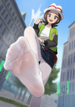 1girl :d absurdres blue_skirt bracelet brown_eyes brown_hair city cityscape commentary_request commission day feet foot_focus from_below green_sweater harmony_(pokemon) hat highres holding holding_poke_ball jewelry leg_up looking_at_viewer looking_down mega_ring nintendo no_shoes open_mouth outdoors panties panties_under_pantyhose pantyhose pixiv_commission poke_ball poke_ball_(basic) pokemon pokemon_legends:_z-a presenting_foot sahara1127 see-through_clothes see-through_legwear see-through_pantyhose shirt skirt smile soles solo standing standing_on_one_leg sweater teeth toes underwear upper_teeth_only white_hat white_pantyhose white_shirt