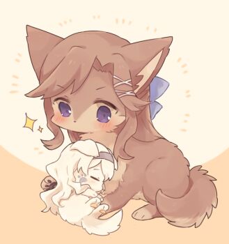 animal animal_focus animal_with_hair animalization brown_dog brown_hair closed_eyes commentary_request dog hair_ornament hairband long_hair nako_(user_wnnm5534) no_humans paw_print purple_eyes saijo_claudine shoujo_kageki_revue_starlight size_difference sparkle tendo_maya x_hair_ornament