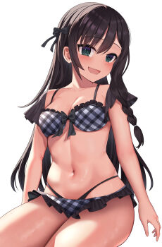 absurdres alina_clover bikini black_bikini black_hair braid breasts commentary_request covered_navel cowboy_shot frilled_bikini frills front-tie_bikini_top front-tie_top green_eyes guild_no_uketsukejou_desu_ga_zangyou_wa_iya_nanode_boss_wo_solo_toubatsu_shiyou_to_omoimasu highres large_breasts long_hair medium_breasts multi-strapped_bikini_bikini nishida_yuuto plaid_bikini plaid_clothes simple_background single_braid swimsuit white_background
