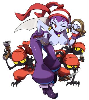 1girl bandana bare_shoulders blue_skin breasts colored_skin dagger earrings gun handgun hat hoop_earrings jewelry knife large_breasts lips looking_at_viewer navel nipples pirate_hat pistol purple_hair red_eyes risky_boots scimitar shantae_(series) stomach sword third-party_edit tinkerbat topless_female v-shaped_eyebrows weapon yellow_eyes