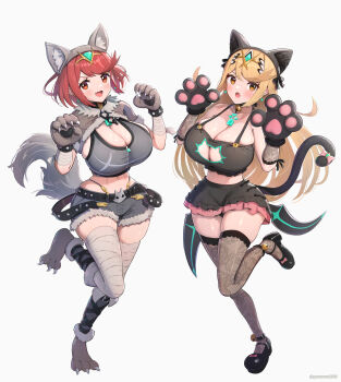 2girls absurdres alternate_costume animal_ears bell belt black_belt black_skirt black_thighhighs blonde_hair bob_cut breasts cat_ears cat_lingerie cat_tail chest_jewel cleavage cleavage_cutout clothing_cutout commentary_request crop_top earrings fake_animal_ears fake_tail fang floating_earrings full_body gloves gonzarez halloween halloween_costume highres jewelry jingle_bell large_breasts long_hair looking_at_viewer medium_hair multiple_girls mythra_(xenoblade) navel neck_bell open_mouth paw_gloves paw_pose pyra_(xenoblade) red_eyes red_hair short_shorts shorts sidelocks simple_background skin_fang skirt smile standing standing_on_one_leg tail thighhighs white_background wolf_ears wolf_tail xenoblade_chronicles_(series) xenoblade_chronicles_2 yellow_eyes