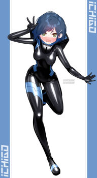 1girl @_@ absurdres alternate_color black_bodysuit blue_hair blush bodysuit breasts covered_navel darling_in_the_franxx full_body hair_ornament hairclip highres ichigo_(darling_in_the_franxx) impossible_bodysuit impossible_clothes latex latex_bodysuit maguro27 mecha_pilot_suit medium_breasts parasite_suit_(darling_in_the_franxx) shiny_clothes short_hair skin_tight solo v yellow_eyes