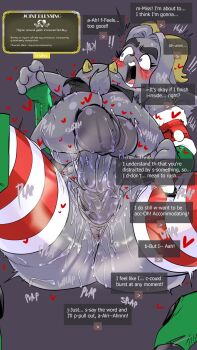 1boy 1girl animal_ears ass blush breasts butler_(pseudoregalia) christmas colored_skin dialogue_box english_text fakeryway grey_background grey_fur grey_skin heart horns huge_ass huge_penis leg_grab lying medium_breasts missionary nipples on_person one_eye_closed partially_undressed penis penis_grab pseudoregalia simple_background size_difference surprised sybil_(pseudoregalia) thighhighs vaginal veins veiny_penis