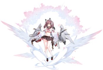 1girl absurdres animal_ears artist_request azur_lane bare_shoulders black_shoes blush bow breasts brown_hair brown_sailor_collar brown_skirt cat_ears cherry_blossoms closed_mouth collar collarbone detached_sleeves falling_petals flower full_body green_eyes hair_bow heart highres japanese_clothes large_breasts loafers looking_at_viewer machine medium_hair navel non-web_source official_art petals pink_bow pink_flower pleated_skirt red_collar sailor_collar school_uniform serafuku shiratsuyu_(azur_lane) shiratsuyu_(retrofit)_(azur_lane) shoes skirt socks solo standing tachi-e thighhighs two_side_up underboob white_bow white_socks wide_sleeves wind