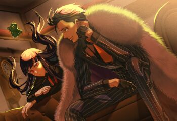 Rule 34 | 1boy, 1girl, analog clock, bevel, black gloves, black hair, cape, clock, closed mouth, commentary request, couch, fate/grand order, fate (series), floating hair, fur cape, gloves, jacket, long sleeves, necktie, orange necktie, oryou (fate), red eyes, sakamoto ryouma (fate), short hair, sideburns, sitting, striped clothes, striped jacket, wall clock