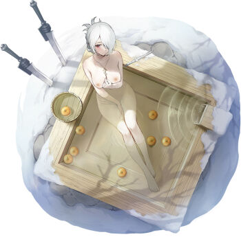 Rule 34 | 1girl, ash arms, barefoot, bathing, breasts, character request, commentary request, completely nude, covering crotch, covering privates, dagger, folded ponytail, food, from above, fruit, full body, hair over one eye, hand up, jewelry, knife, mandarin orange, medium breasts, mole, mole under eye, necklace, nipples, nude, partially submerged, planted, planted sword, planted weapon, red eyes, ripples, snow, sword, ushas, water, weapon, white hair