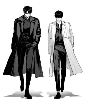 2boys absurdres black_coat black_eyes black_hair coat double-parted_bangs full_body hair_between_eyes hands_in_pockets head_tilt highres kim_dokja looking_at_another male_focus multiple_boys omniscient_reader&#039;s_viewpoint open_clothes open_coat popped_collar short_hair stella_37 toned toned_male walking walking_towards_viewer white_coat yoo_joonghyuk