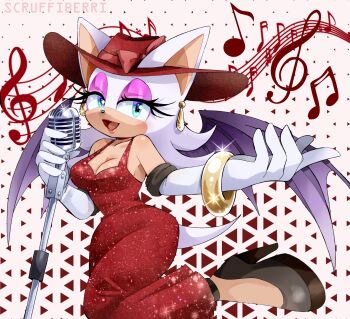 1girl animal_ears artist_name bat_ears bat_girl bat_wings beamed_sixteenth_notes black_shoes black_wings bracelet breasts cleavage commentary cosplay dress eyeshadow furry furry_female glitter_dress gloves hat high_heels highres holding holding_microphone jewelry makeup mario_(series) microphone musical_note musical_staff nintendo open_mouth pauline_(nintendo) pauline_(nintendo)_(cosplay) pink_eyeshadow red_dress red_hat rouge_the_bat scruffyart shoes sleeveless sleeveless_dress solo sonic_(series) super_mario_odyssey treble_clef vintage_microphone white_gloves wings