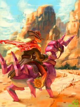 1other animal_feet artist_name beak belt black_eyes blaziken blonde_hair blue_eyes blue_sky body_fur brown_hat claws closed_mouth cloud coat colored_sclera cowboy_hat cowboy_western cropped day flock from_behind full_body furry gen_3_pokemon gen_5_pokemon grey_coat half-closed_eyes hand_up hat jitome long_hair long_sleeves looking_at_viewer looking_back nintendo outdoors path pokemon pokemon_(creature) poncho red_fur red_poncho reins rhond_45 riding riding_pokemon road scolipede sheriff_badge signature simple_bird sitting sky twitter_username two-tone_fur yellow_fur yellow_sclera