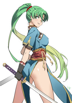 1girl ass bad_id bad_pixiv_id club3 earrings female_focus fingerless_gloves fire_emblem fire_emblem:_the_blazing_blade gloves green_eyes green_hair high_ponytail highres jewelry long_hair looking_at_viewer lyn_(fire_emblem) nintendo pelvic_curtain ponytail side_slit simple_background smile solo sword weapon white_background