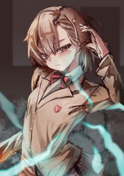 1girl absurdres arm_up badge black_background blue_light blush bow bowtie breasts brown_eyes brown_hair brown_jacket closed_mouth commentary crossed_bangs double-parted_bangs electricity electrokinesis english_commentary frown hair_between_eyes highres jacket lichael lightning long_sleeves medium_breasts misaka_mikoto red_bow red_bowtie shirt simple_background solo toaru_majutsu_no_index upper_body v-shaped_eyebrows white_shirt