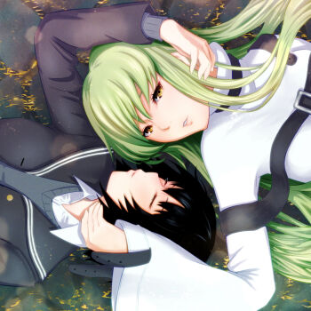 2girls amagami black_hair black_jacket black_sailor_collar blazer bob_cut c.c. chest_belt code_geass collared_shirt green_hair grey_sweater highres jacket kibito_high_school_uniform long_hair long_sleeves multiple_girls nanasaki_ai on_ground oshizu parted_lips sailor_collar school_uniform shirt short_hair sweater upper_body voice_actor_connection white_shirt yellow_eyes yukana