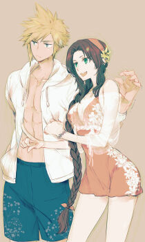 1boy 1girl absurdres aerith_gainsborough alternate_costume arm_around_shoulder bare_shoulders blonde_hair blue_male_swimwear bracelet braid breasts brown_background brown_hair cleavage closed_mouth cloud_strife collarbone cowboy_shot dress final_fantasy final_fantasy_vii final_fantasy_vii_rebirth final_fantasy_vii_remake floral_print flower flower_bracelet green_eyes grey_eyes hair_flower hair_ornament hair_over_shoulder hairband highres hood hood_down hoodie hover_hand jacket jewelry long_hair male_swimwear medium_breasts one-piece_swimsuit open_clothes open_hoodie open_mouth parted_bangs pectorals pink_dress pink_hairband pink_one-piece_swimsuit pointing print_swimsuit see-through_clothes see-through_jacket shiyu.jyoukou short_dress short_hair sidelocks single_braid sketch smile spiked_hair swimsuit trembling white_hoodie yellow_flower