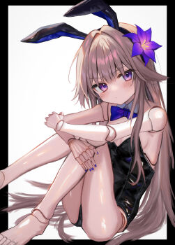 1girl absurdres animal_ears barefoot black_border blue_bow blue_bowtie blush border bow bowtie brown_hair closed_mouth commentary detached_collar doll_joints dot_nose fake_animal_ears flower h.yasai hair_flower hair_ornament herta_(honkai:_star_rail) herta_(puppet)_(honkai:_star_rail) highres honkai:_star_rail honkai_(series) joints long_hair looking_at_viewer playboy_bunny purple_eyes purple_nails sidelocks sitting solo white_background