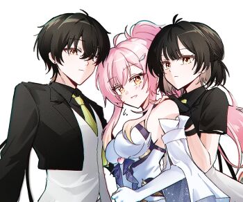 Rule 34 | 1boy, 2girls, adoptive parent and adoptive child, aemeath (wuthering waves), bare shoulders, black hair, black jacket, breasts, closed mouth, elbow gloves, father and daughter, female rover (perpetual spark) (wuthering waves), female rover (wuthering waves), gloves, hair between eyes, hand on another's shoulder, highres, jacket, looking at viewer, male rover (perpetual spark) (wuthering waves), male rover (wuthering waves), medium breasts, mother and daughter, multiple girls, necktie, orange eyes, ot11 to, parted lips, pink hair, ponytail, rover (wuthering waves), smile, star-shaped pupils, star (symbol), symbol-shaped pupils, white gloves, wuthering waves, yellow eyes, yellow necktie