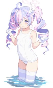 1girl adapted_costume ahoge blue_archive blush breasts closed_mouth collarbone commentary_request drill_hair gloves hair_ornament halo hands_up highres long_hair looking_at_viewer multicolored_hair old_school_swimsuit one-piece_swimsuit paid_reward_available pink_hair pink_halo purple_eyes purple_hair purple_thighhighs reisa_(blue_archive) reisa_(magical)_(blue_archive) school_swimsuit simple_background small_breasts smile solo star_(symbol) star_hair_ornament star_halo striped_clothes striped_thighhighs swimsuit thighhighs twin_drills twintails two-tone_hair wading white_background white_gloves white_one-piece_swimsuit wing_hair_ornament yamasan