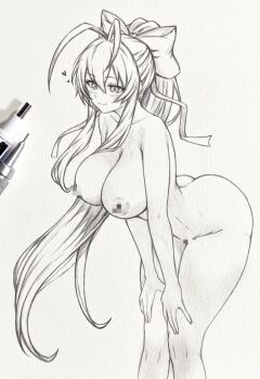 1girl antenna_hair arched_back ass bent_over blush bow breasts censored collarbone commentary_request completely_nude double-parted_bangs graphite_(medium) hair_between_eyes hair_bow hands_on_own_thighs highres large_breasts long_eyelashes mosaic_censoring nude seishun_dendeke solo traditional_media