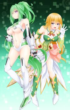 10s 2girls :d armband bare_shoulders blonde_hair blue_eyes boots braid breasts circle cleavage closed_mouth detached_sleeves dress dual_persona eyebrows frills frown full_body gloves gradient_background green_background green_hair green_heart_(neptunia) hair_intakes hair_ornament half_updo hand_on_own_hip highres large_breasts leaning_forward long_hair looking_at_viewer multiple_girls navel neptune_(series) oekakizuki open_mouth ponytail purple_eyes smile spread_fingers square stomach strapless symbol-shaped_pupils thighhighs underboob vert_(neptunia) waving_arm white_gloves