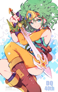 1girl anniversary asymmetrical_clothes belt blue_eyes boots breasts circlet commentary_request curly_hair dragon_quest dragon_quest_iv earrings gem gloves gold_circlet green_hair heroine_(dq4) highres ichizen_(o_tori) jewelry leotard medium_hair single_glove single_thighhigh slime_(dragon_quest) smile solo sword thighhighs watermark weapon zenithian_sword